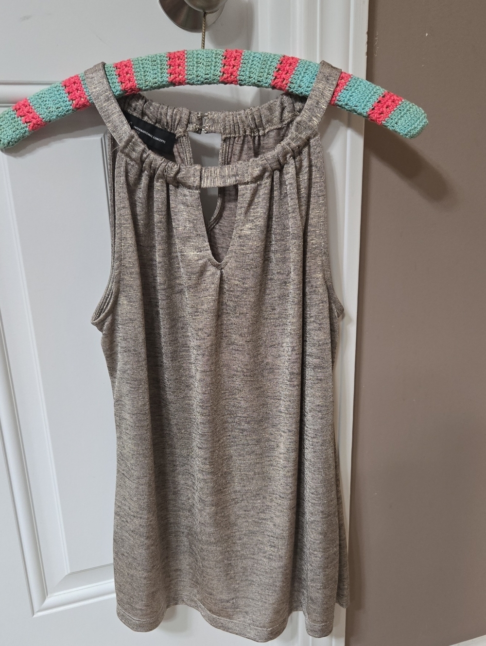 INC International Concepts Taupe Heather Keyhole Halter Tank - metallic shimmer